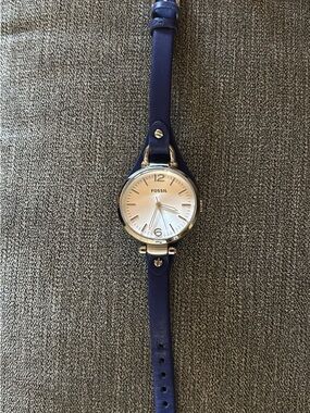 Fossil Silver Dial Watch with Blue Leather Strap